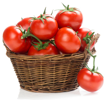 fresh tomatoes in a basket on a white background
